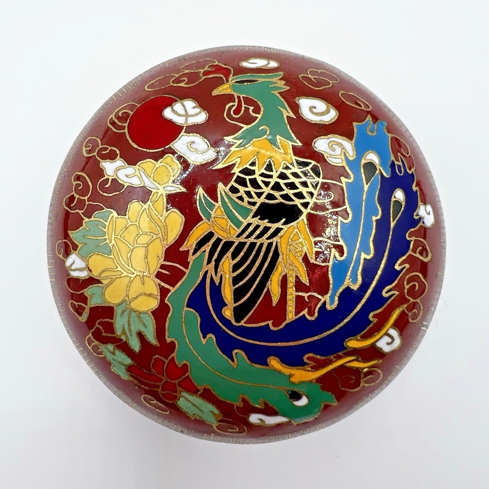 Vintage Cloisonne Chinese Phoenix Bird Fenghuang Trinket Box Clouds Enamel Brown